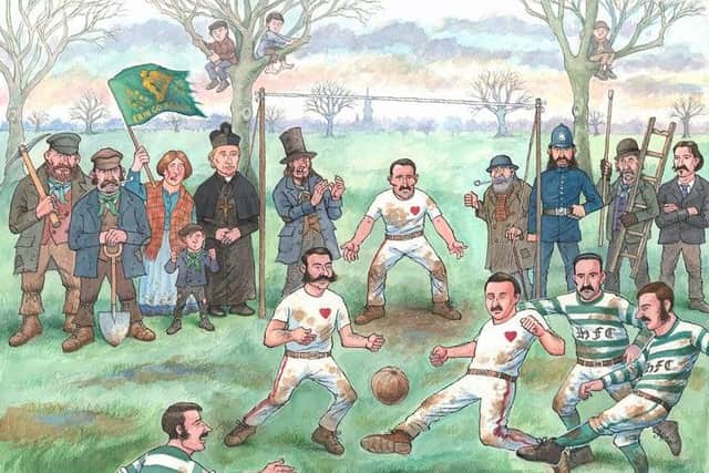 Cartoonist Frank Boyle's take on the first ever derby between Hearts and Hibs at the East Meadows in 1875.