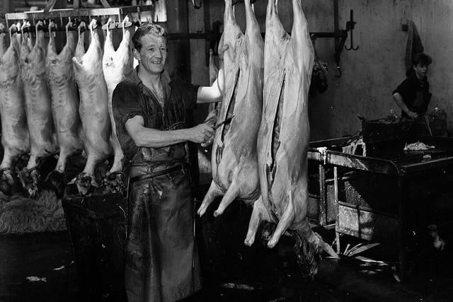 Butcher Dave Maldne in Gorgie Market Slaughter House in April 1963.