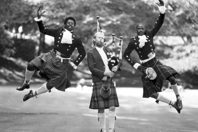 The Black Theatre Co-Op [now called Nitro] were in Edinburgh to present '65 With a Bullet' at the Gilded Balloon during Edinburgh Festival Fringe 1989. Dancers from the group do an enthusiastic Highland Fling with a piper.