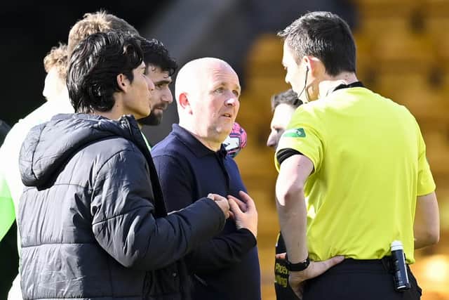 Livingston manager David Martindale complains to referee Kevin Clancy at full time