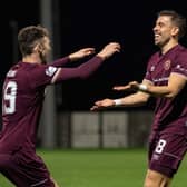 Hearts' Ollie Lee (right) celebrates his second goal during a Betfred Cup match between East Fife and Hearts at Bayview Stadium, on November 10, 2020, in Methil, Scotland.  (Photo by Ross Parker / SNS Group)