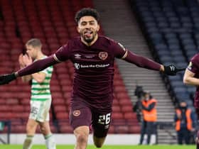 Josh Ginnelly celebrates after scoring Hearts' third goal in the Scottish Cup final. Picture: SNS