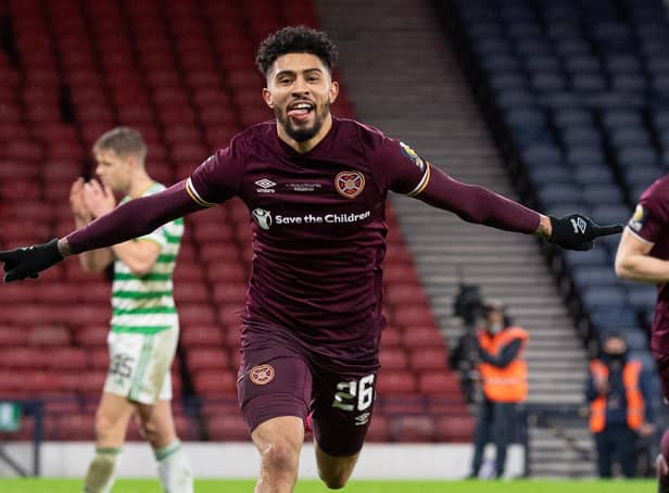 Josh Ginnelly celebrates after scoring Hearts' third goal in the Scottish Cup final. Picture: SNS