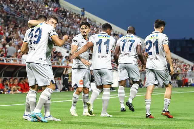 Basaksehir's players celebrate after scoring against Royal Antwerp in the Europa Conference League play-off. Then Turkish side are unbeaten in 10 games this season. Picture: David Pintens /  Getty