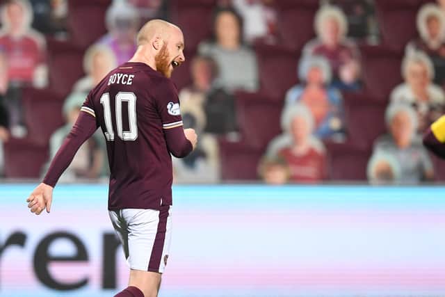 Liam Boyce netted twice for Hearts against Queen of the South.