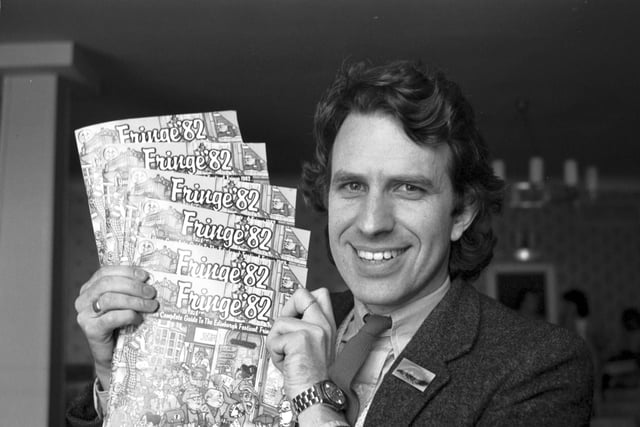 Edinburgh Festival Fringe administrator Michael Dale with Fringe 82 leaflets, July 1982.