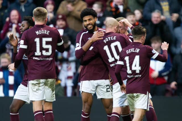 Ellis Simms celebrates with his team-mates after making it 2-0 to Hearts against Motherwell. Picture: SNS