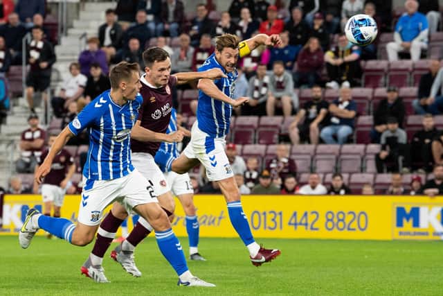 Lawrence Shankland goes close with Hearts´ best, and arguably only, real chance of the night with header that was well saved by Kilmarnock goalkeeper Sam Walker. Picture: Ross Parker / SNS