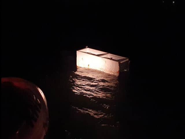 The lifeboat crew undertook a search in freezing conditions for the object which was thought to be a possible vessel in distress 1-2 miles off the coast, but it turned out to be a discarded fridge freezer. Pic: RNLI.