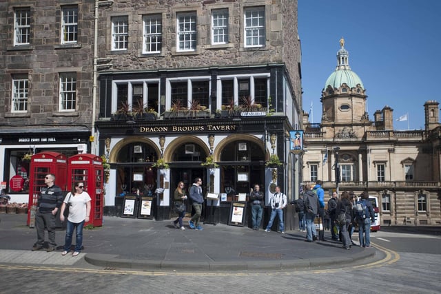 Named after Edinburgh's most famous crooked councillor, Deacon Brodie's has been serving alcoholic beverages since 1806. The originally Brodie family lived on Brodie's Close on the opposite side of the Lawnmarket.