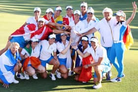 Catriona Matthew celebrates with her players and vice captains after Europe's win in the Solheim Cup at the Inverness Club in Toledo, Ohio. Picture: Gregory Shamus/Getty Images.