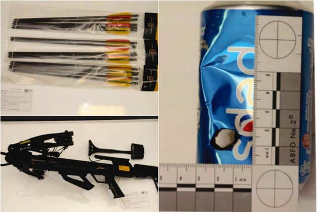 Friel practiced firing the crossbow on a Pepsi can. Pictures: Crown Office