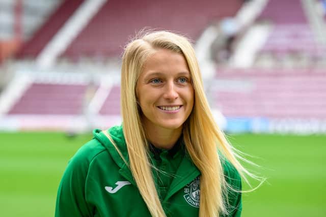 Katie Lockwood at Tynecastle Park to preview this Sunday's Capital Cup match between Hearts and Hibs. Picture: Hibernian Football Club