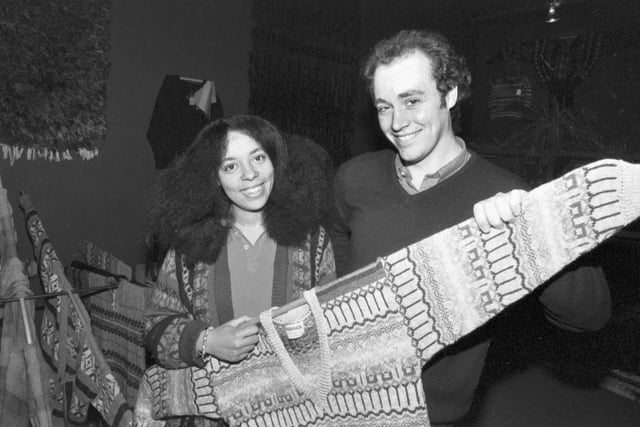 Husband and wife designer knitwear team Helen and Bill Baber in their shop 'Sheepish Look' in the West Port, Edinburgh, October 1981.