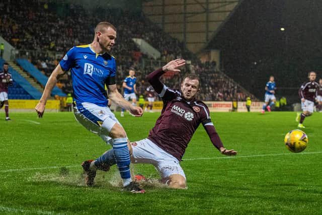 Andy Halliday and St Johnstone's James Brown during Hearts' draw at McDiarmid Park earlier in the season. Picture: SNS
