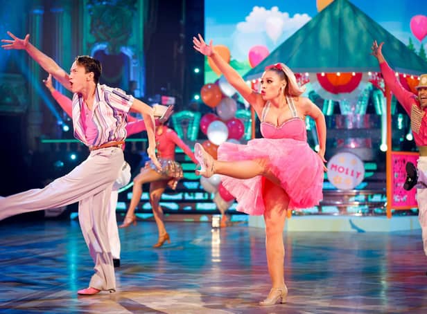 <p>BBC handout photo of Mollie Rainford and Carlos Gu during the live show of Strictly Come Dancing on BBC1.Guy Levy/BBC/PA Wire</p>