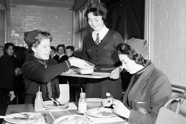 Girls enjoying their lunch at James Gillespie's School's dining hall in April 1958.