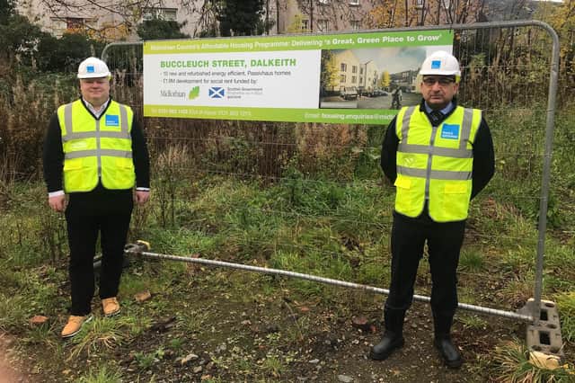 Pictured are Midlothian's Cabinet Member for Housing Cllr Stephen Curran (left) and Brian Pettigrew (right), Director from contractor Morris & Spottiswoode at the site of the new Passivhaus homes In Dalkeith.