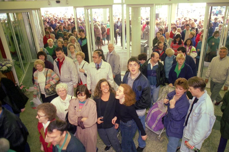 Shoppers pour through the doors on the day the Gyle Shopping Centre officially opened in October 1993.