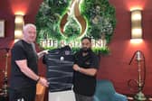 Keith Angus (left) and Habibur Khan are pictured with the away kit.