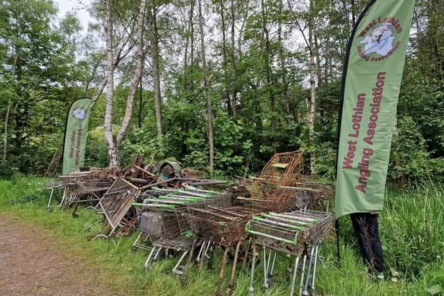 Some of the trolleys lifted from the River Almond by West Lothian Angling Association