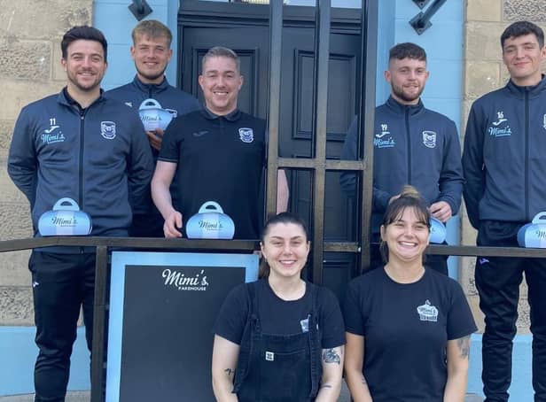 Leith Athletic players unveil their new tracksuits, sponsored by local company Mimi’s Bakehouse. Picture: Leith Athletic
