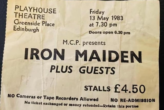 Martin Delaney sent in this ticket stub from Iron Maiden's gig at the Playhouse in 1983. We had to laugh at the 'no cameras' warning on the ticket. Very different times now at concerts.