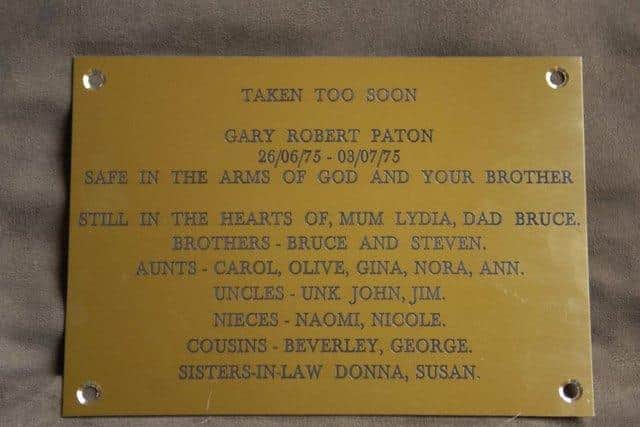 A plaque in honour of baby Gary Paton. Picture: Kate Chandler