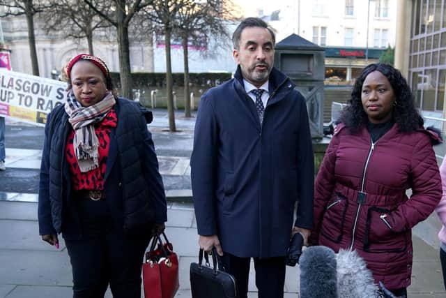 Laywer Aamer Anwar (centre) with Sheku Bayoh's sisters Kadi Johnson (right) and Kosna Bayoh (left) arriving at Capital House in Edinburgh.
