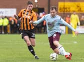 Andy Halliday takes on Auchinleck defender Gareth Armstrong during the Scottish Cup tie at Beechwood Park
