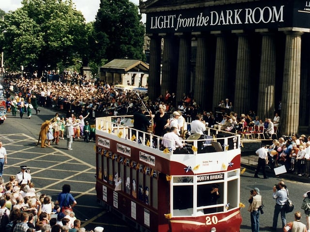 The Edinburgh Evening News bus float (which was made up to resemble a vintage tramcar) at the Edinburgh International Festival Cavalcade in 1995.