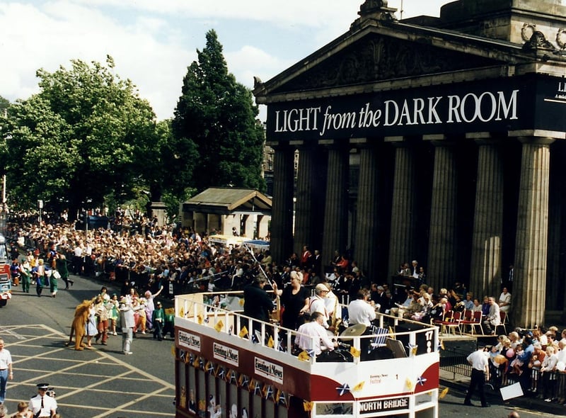 The Edinburgh Evening News bus float (which was made up to resemble a vintage tramcar) at the Edinburgh International Festival Cavalcade in 1995.