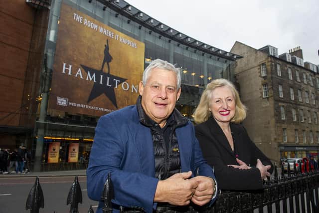 Hamilton producer Sir Cameron Mackintosh and Fiona Gibson, chief executive of Capital Theatres, which runs the Festival Theatre. Picture: Lisa Ferguson