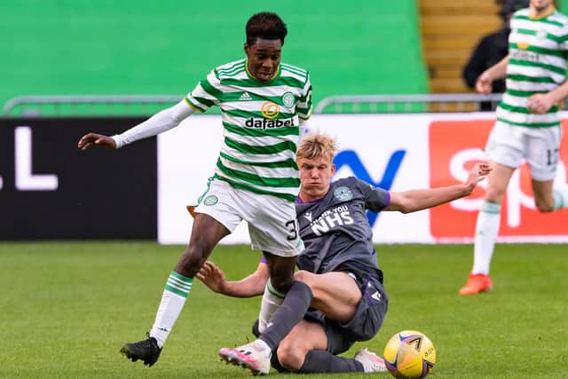 Hibs left-back Josh Doig found the going tough against Jeremie Frimpong during the 3-0 defeat by Celtic.
