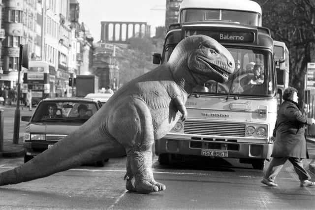 One of the exhibits from the Dinosaurs Alive! exhibition at the City Art Centre stops the traffic in Princes Street, February 1990.