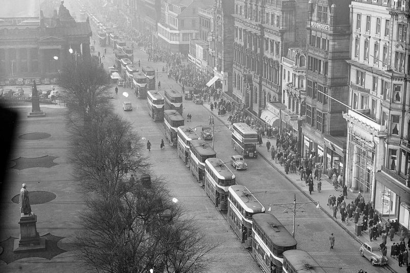 A queue of trams on Princes Street, after an overhead bracing broke at the Mound in November 1952. Engineers had the trams moving again within 40 minutes.