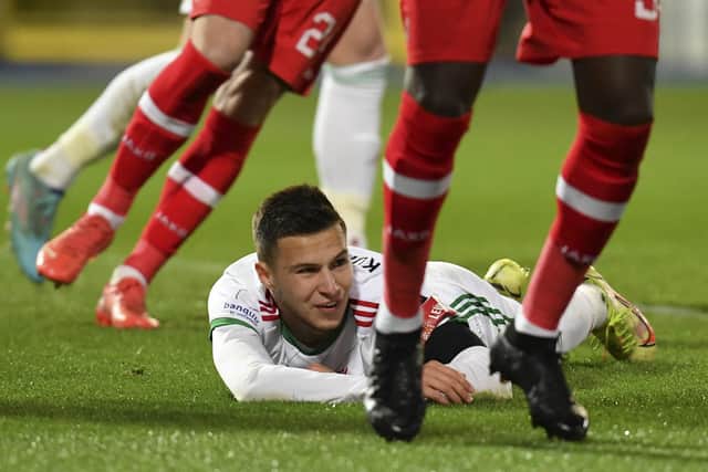 Mykola Kukharevych in action for OH Leuven during a Jupiler Pro League clash with Royal Antwerp