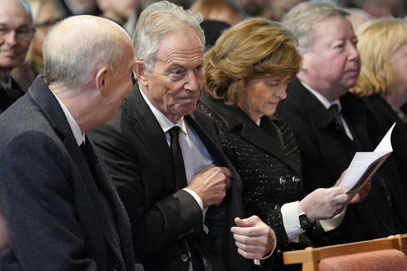 Former Prime Minister Tony Blair (second left) and his wife Cherie Blair attending the memorial service of Alistair Darling at Edinburgh's St Mary's Episcopal Cathedral, on Tuesday December 19, 2023.