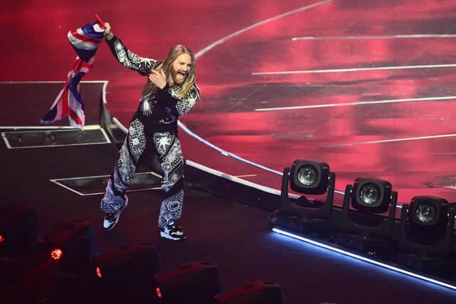 The UK's Sam Ryder during the final of the Eurovision Song contest 2022 in Turin. (Photo by MARCO BERTORELLO/AFP via Getty Images)