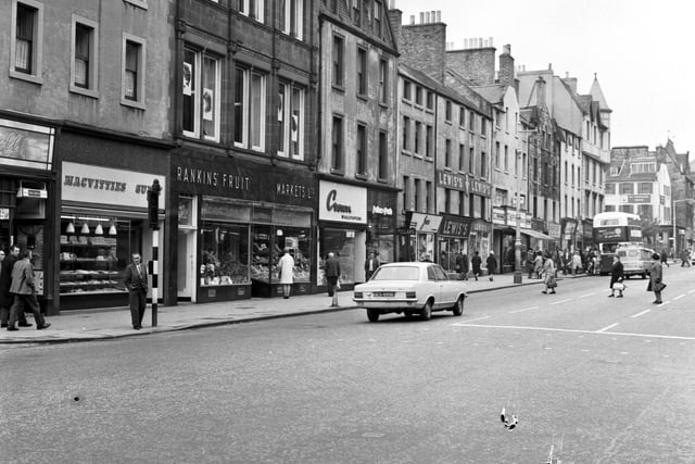 People shopping in Nicolson Street, Newington in Edinburgh October 1968 - some of the shops shown: Rankins Fruit Markets Ltd, Lewis's, MacVitties bakers.