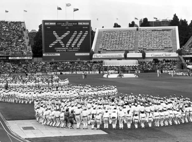 A view of children performing their dance routines at the opening ceremony of the Edinburgh Commonwealth Games 1986, at Meadowbank stadium.