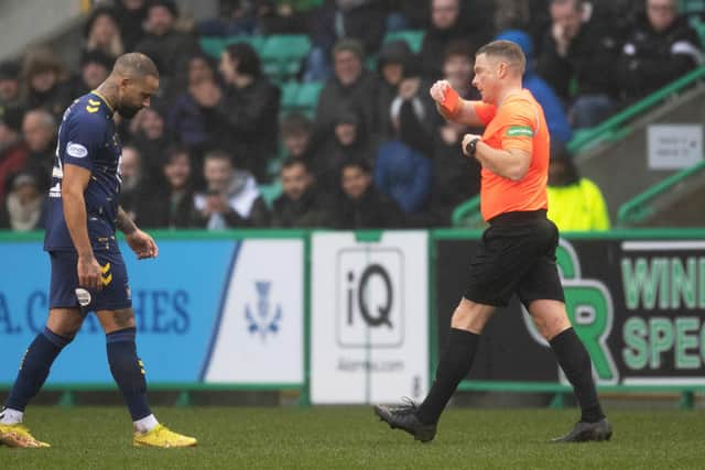 Kyle Vassell is shown a red card by referee John Beaton during Kilmarnock's 2-0 defeat at Easter Road. Picture: SNS