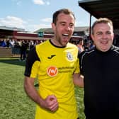 Edinburgh City goalscorer Dougie Gair and manager Gary Jardine celebrate the club’s League Two play-off win against East Stirlingshire back in May 2016