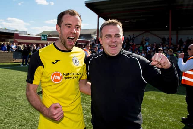 Edinburgh City goalscorer Dougie Gair and manager Gary Jardine celebrate the club’s League Two play-off win against East Stirlingshire back in May 2016