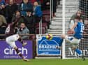 Josh Ginnelly fires in the opening goal for Hearts in their cinch Premiership clash with Kilmarnock at Tynecastle Park. Picture: SNS