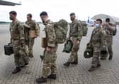 UK military personnel prior to boarding an RAF Voyager aircraft at RAF Brize Norton in Oxfordshire, as part of a 600-strong UK-force sent to assist with the operation to rescue British nationals in Afghanistan.