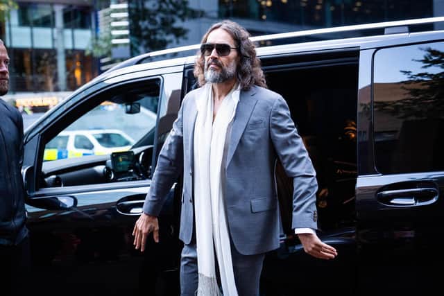 Russell Brand arrives at Southwark Crown Court, London, where he faces three charges of rape, indecent assault, and three counts of sexual assault, relating to six women