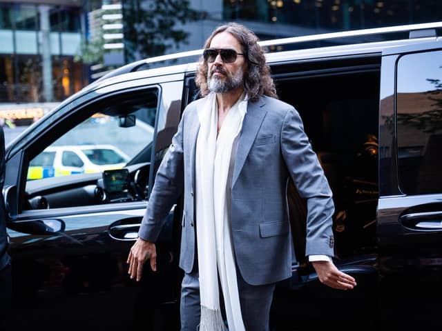 Russell Brand arrives at Southwark Crown Court, London, where he faces three charges of rape, indecent assault, and three counts of sexual assault, relating to six women