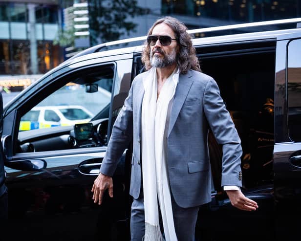 Russell Brand arrives at Southwark Crown Court, London, where he faces three charges of rape, indecent assault, and three counts of sexual assault, relating to six women