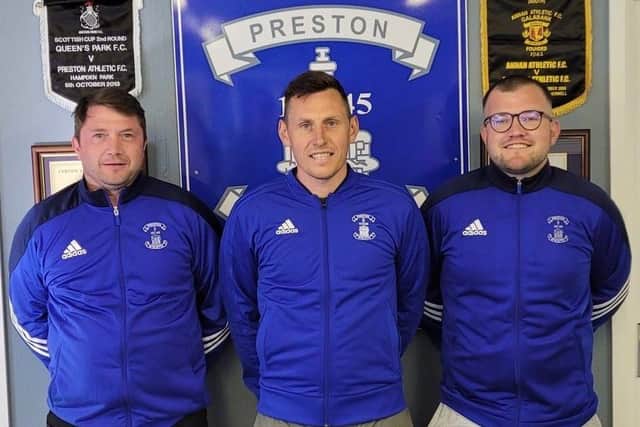Preston Athletic's new management team is unveiled, from left to right , assistant John Daly and co-managers Paul Currie and Paul Montgomery